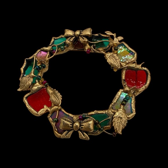 Vintage Jewelry - Vintage Stained Glass Wreath Brooch - One of a Kind